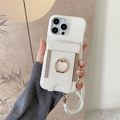 For iPhone 14 Pro Case Card Slots Kickstand PU Leather Back Cover with Ring Holder, Wrist Strap