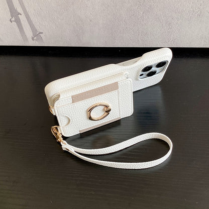 For iPhone 14 Pro Case Card Slots Kickstand PU Leather Back Cover with Ring Holder, Wrist Strap