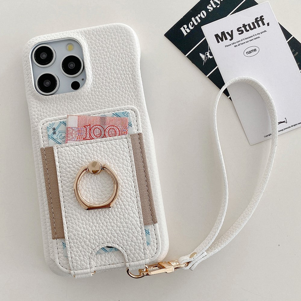 For iPhone 14 Pro Case Card Slots Kickstand PU Leather Back Cover with Ring Holder, Wrist Strap