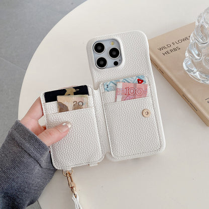 For iPhone 14 Pro Case Card Slots Kickstand PU Leather Back Cover with Ring Holder, Wrist Strap
