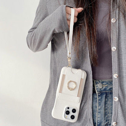 For iPhone 14 Pro Case Card Slots Kickstand PU Leather Back Cover with Ring Holder, Wrist Strap