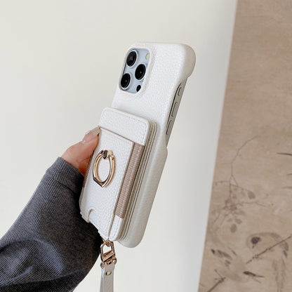 For iPhone 14 Pro Case Card Slots Kickstand PU Leather Back Cover with Ring Holder, Wrist Strap