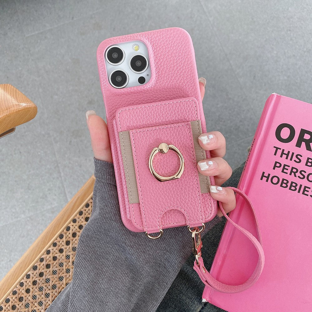 For iPhone 14 Pro Case Card Slots Kickstand PU Leather Back Cover with Ring Holder, Wrist Strap