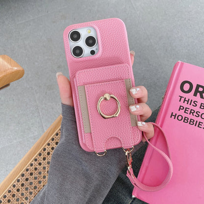 For iPhone 14 Pro Case Card Slots Kickstand PU Leather Back Cover with Ring Holder, Wrist Strap