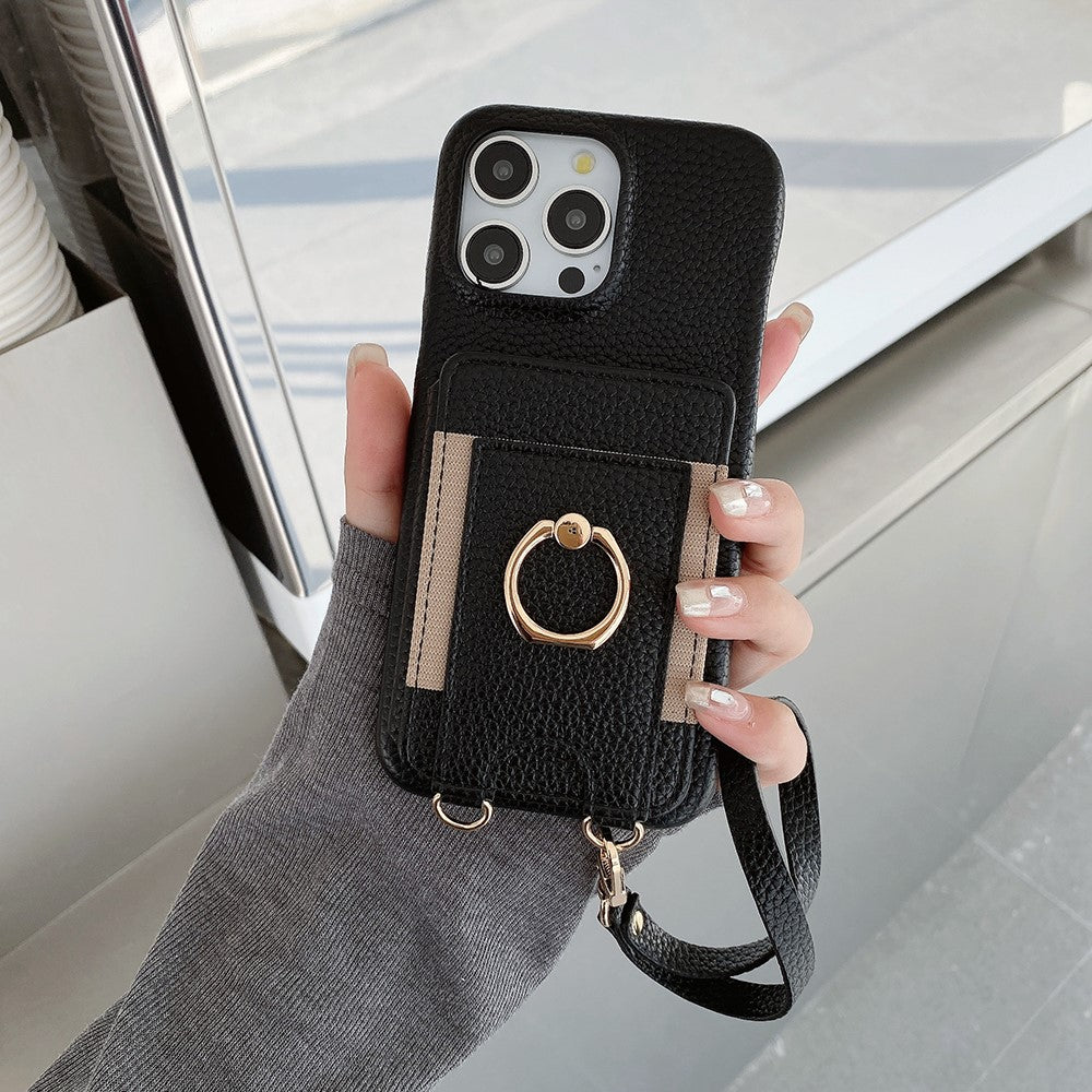 For iPhone 14 Pro Case Card Slots Kickstand PU Leather Back Cover with Ring Holder, Wrist Strap