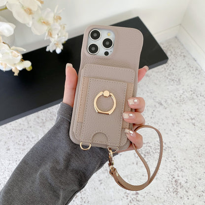 For iPhone 14 Pro Case Card Slots Kickstand PU Leather Back Cover with Ring Holder, Wrist Strap