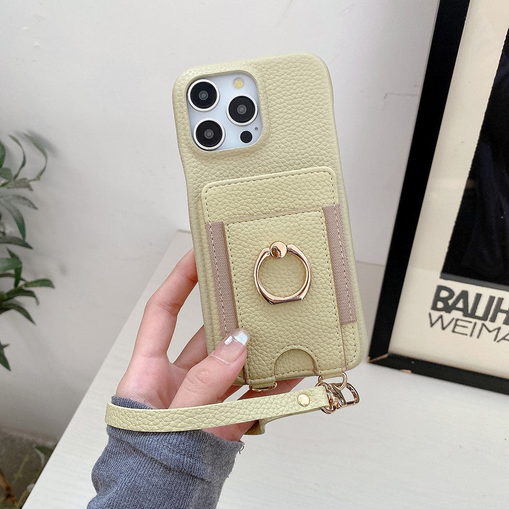For iPhone 14 Pro Case Card Slots Kickstand PU Leather Back Cover with Ring Holder, Wrist Strap