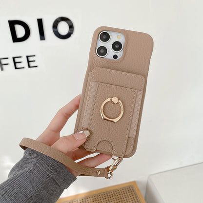 For iPhone 14 Pro Case Card Slots Kickstand PU Leather Back Cover with Ring Holder, Wrist Strap