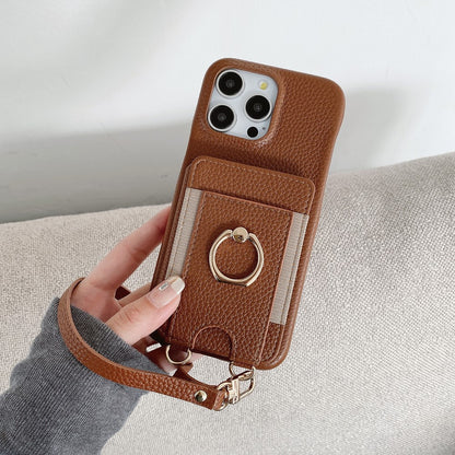 For iPhone 14 Pro Case Card Slots Kickstand PU Leather Back Cover with Ring Holder, Wrist Strap
