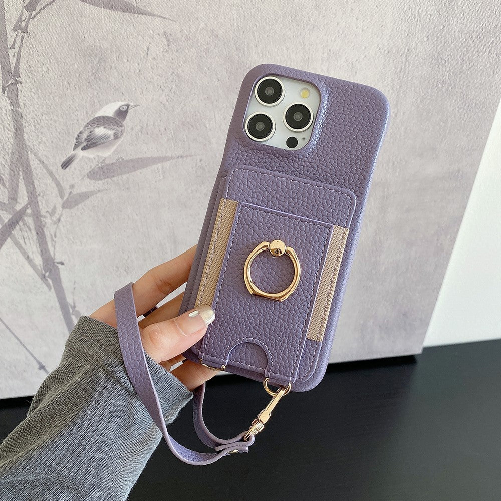 For iPhone 14 Pro Case Card Slots Kickstand PU Leather Back Cover with Ring Holder, Wrist Strap