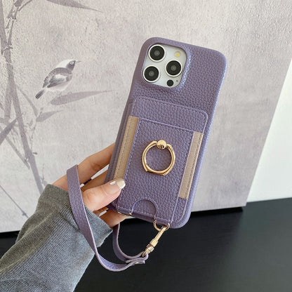 For iPhone 14 Pro Case Card Slots Kickstand PU Leather Back Cover with Ring Holder, Wrist Strap