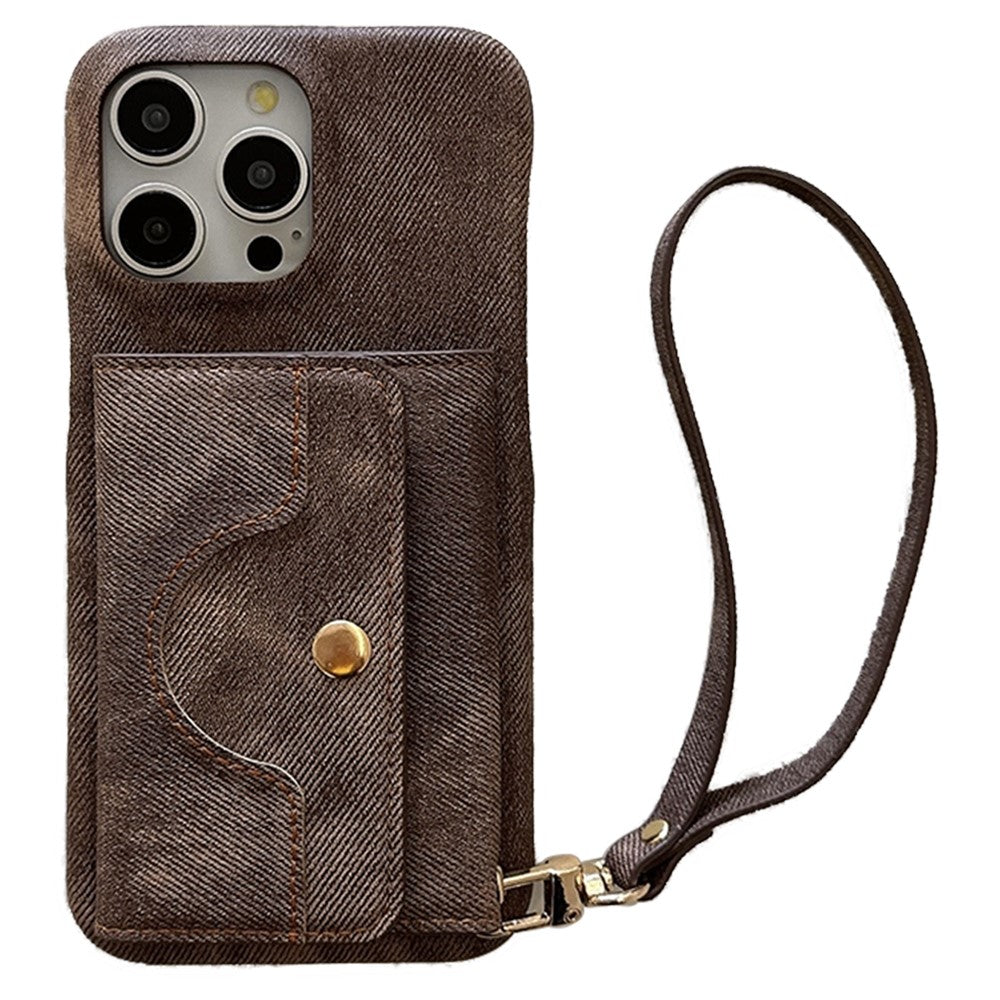 For iPhone 14 Pro Case Card Slots Mirror Design Jeans Cloth Texture PU Leather Back Cover with Strap