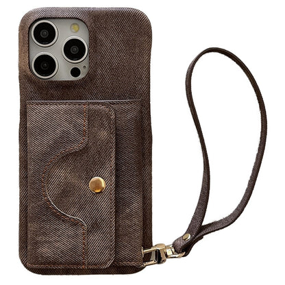 For iPhone 14 Pro Case Card Slots Mirror Design Jeans Cloth Texture PU Leather Back Cover with Strap