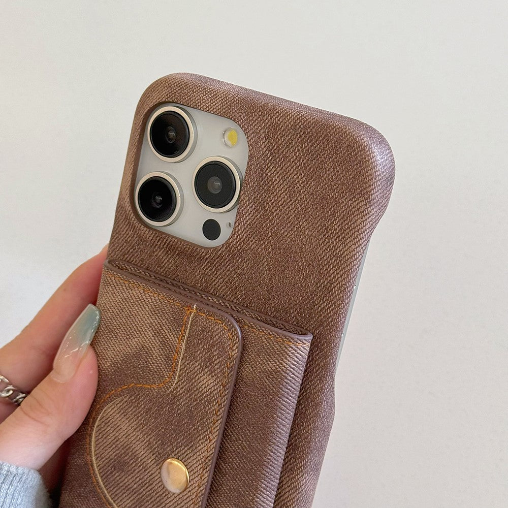 For iPhone 14 Pro Case Card Slots Mirror Design Jeans Cloth Texture PU Leather Back Cover with Strap