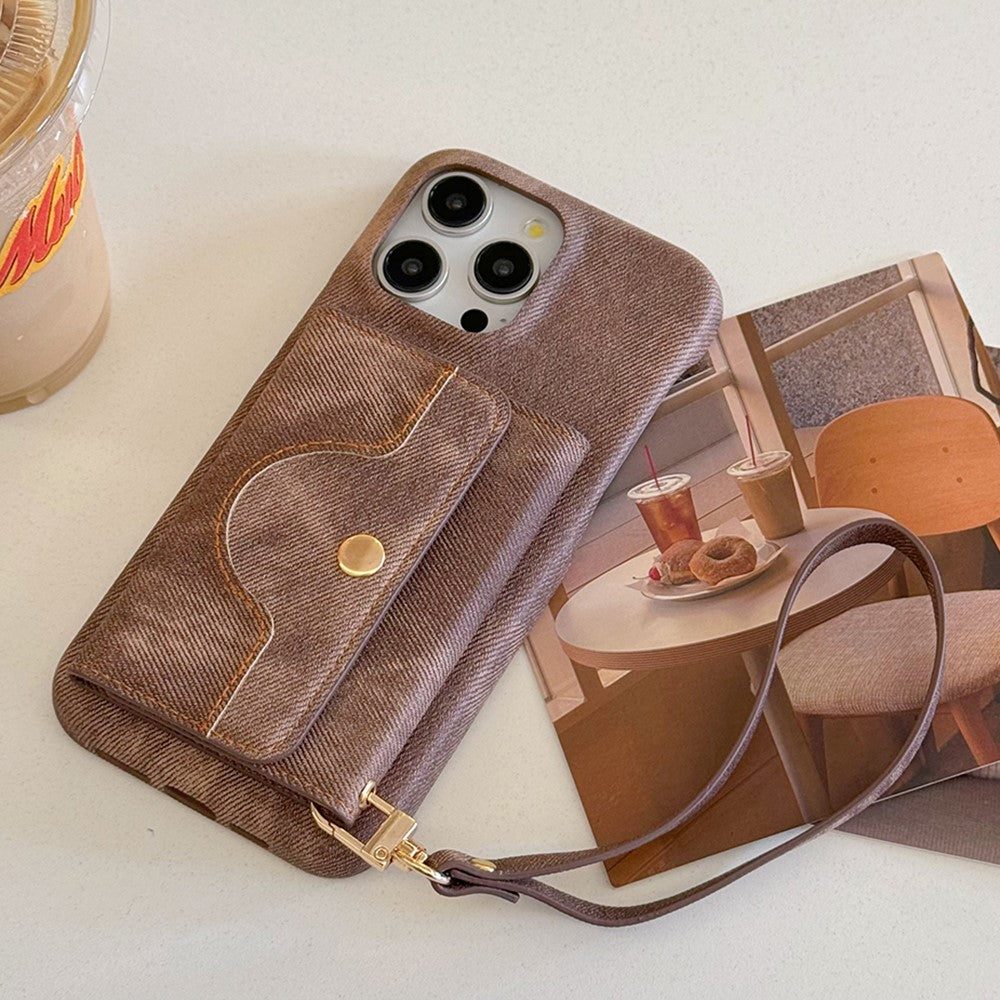 For iPhone 14 Pro Case Card Slots Mirror Design Jeans Cloth Texture PU Leather Back Cover with Strap