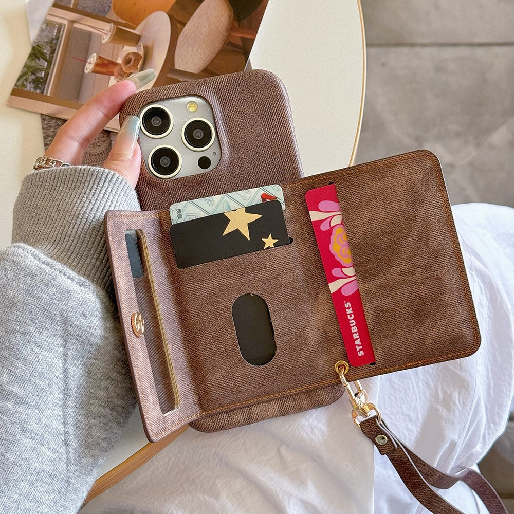 For iPhone 14 Pro Case Card Slots Mirror Design Jeans Cloth Texture PU Leather Back Cover with Strap