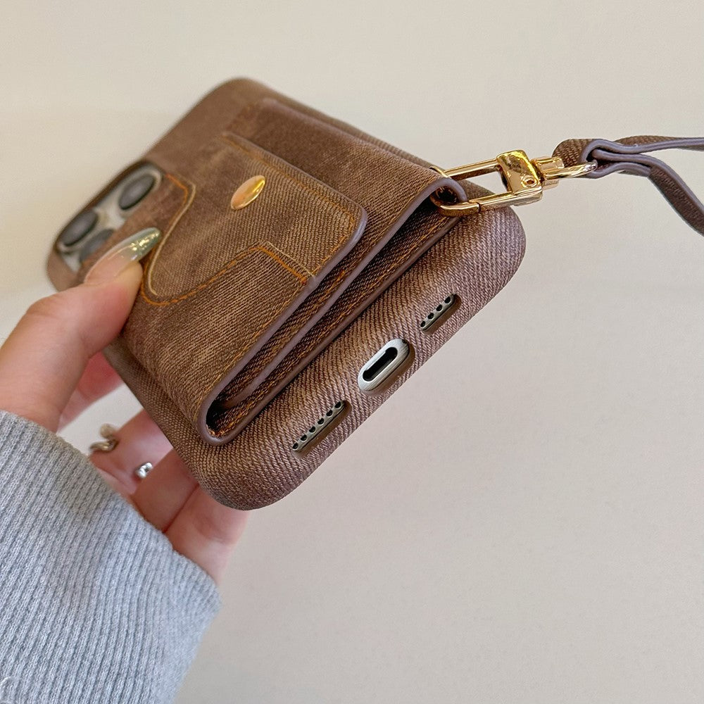 For iPhone 14 Pro Case Card Slots Mirror Design Jeans Cloth Texture PU Leather Back Cover with Strap