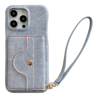 For iPhone 14 Pro Case Card Slots Mirror Design Jeans Cloth Texture PU Leather Back Cover with Strap