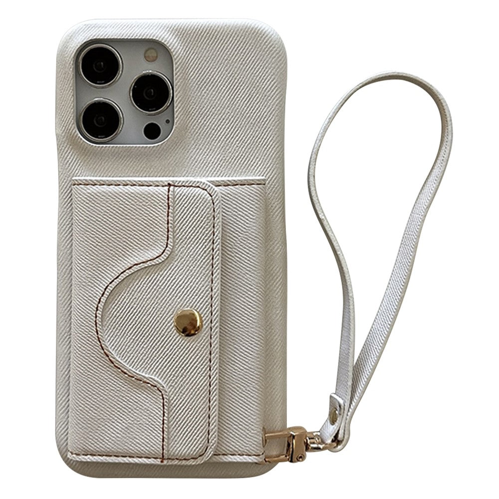 For iPhone 14 Pro Case Card Slots Mirror Design Jeans Cloth Texture PU Leather Back Cover with Strap