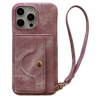 For iPhone 14 Pro Case Card Slots Mirror Design Jeans Cloth Texture PU Leather Back Cover with Strap