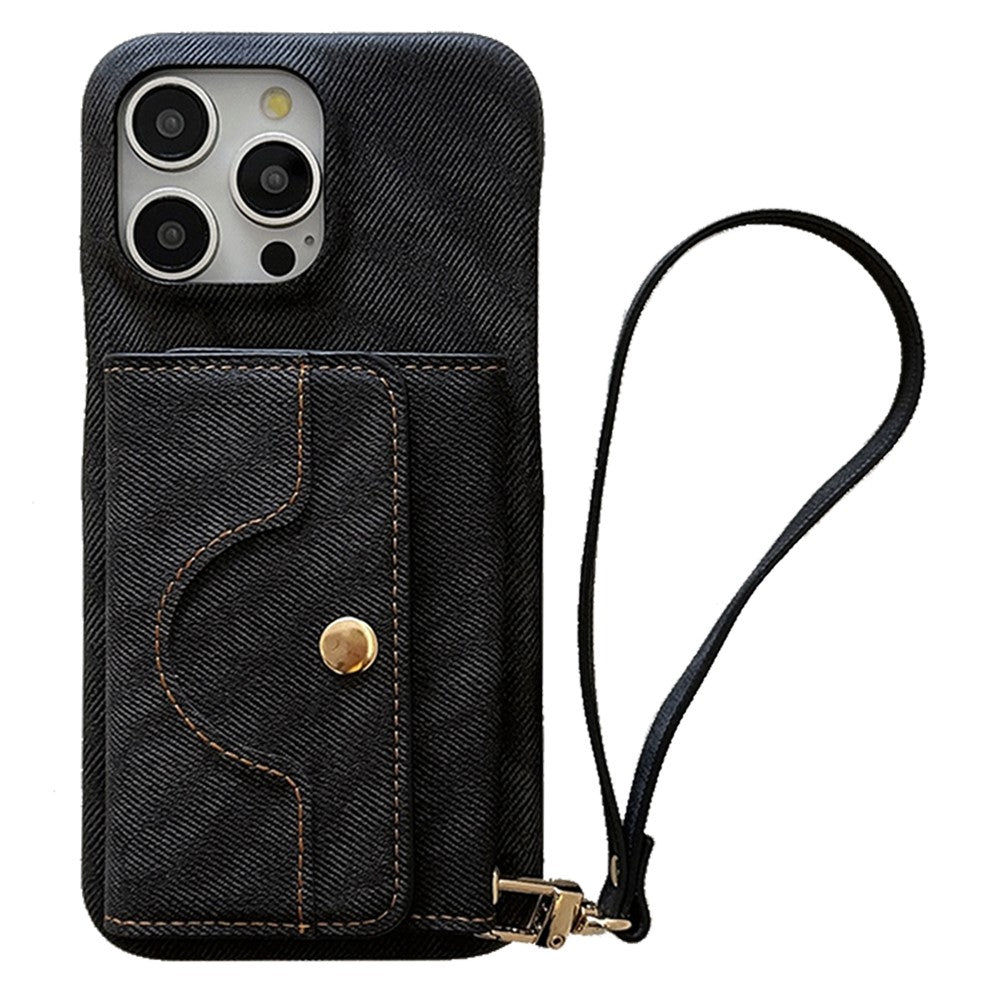 For iPhone 14 Pro Case Card Slots Mirror Design Jeans Cloth Texture PU Leather Back Cover with Strap