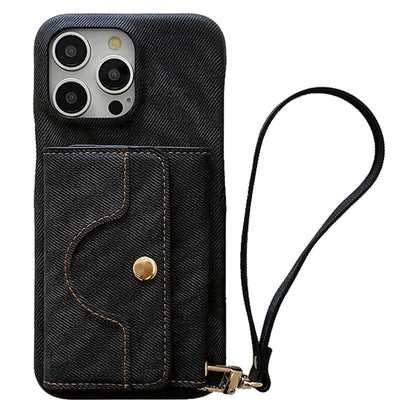 For iPhone 14 Pro Case Card Slots Mirror Design Jeans Cloth Texture PU Leather Back Cover with Strap