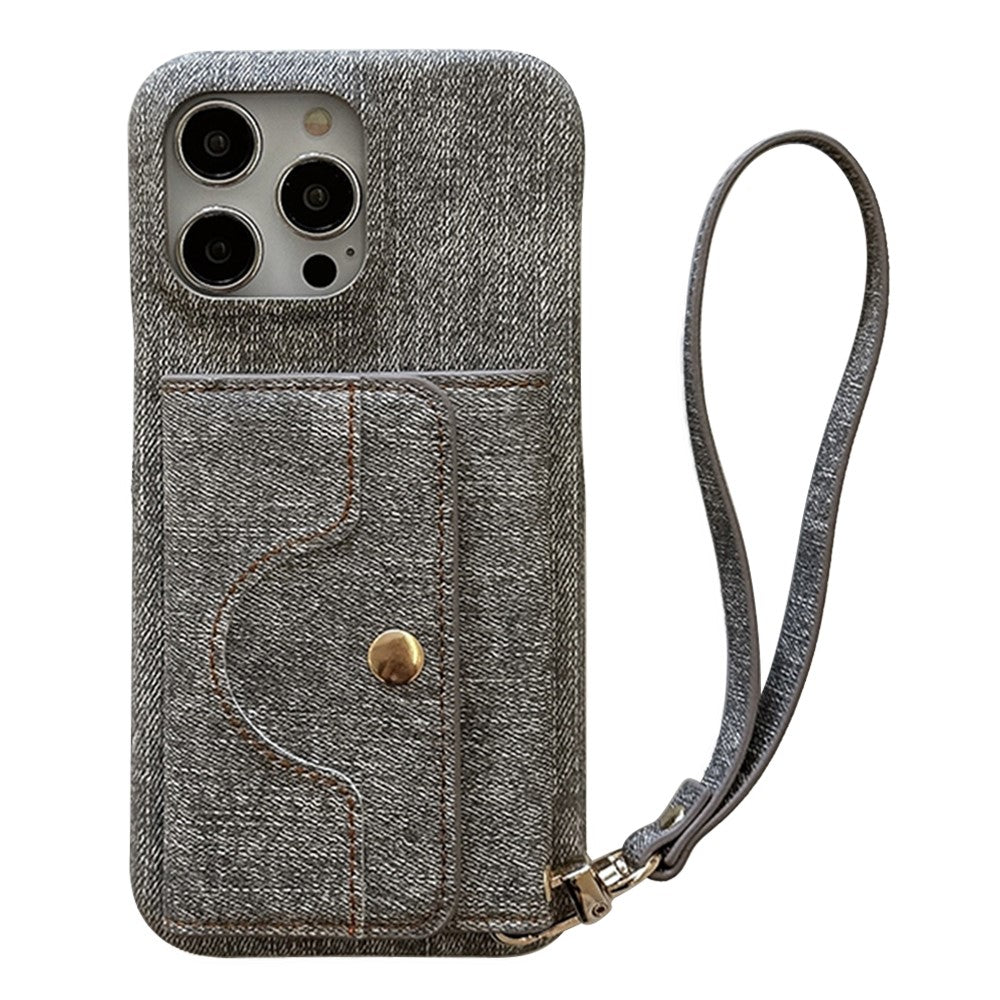 For iPhone 14 Pro Case Card Slots Mirror Design Jeans Cloth Texture PU Leather Back Cover with Strap