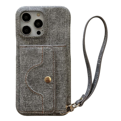 For iPhone 14 Pro Case Card Slots Mirror Design Jeans Cloth Texture PU Leather Back Cover with Strap