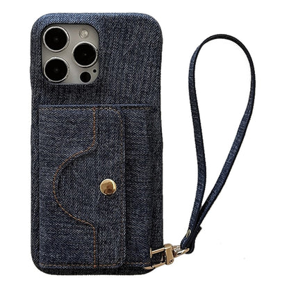 For iPhone 14 Pro Case Card Slots Mirror Design Jeans Cloth Texture PU Leather Back Cover with Strap