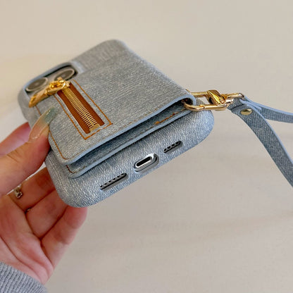 For iPhone 14 Pro Case Zipper Card Holder Kickstand Jeans Cloth Texture PU Leather Back Cover with Strap