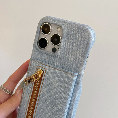 For iPhone 14 Pro Case Zipper Card Holder Kickstand Jeans Cloth Texture PU Leather Back Cover with Strap