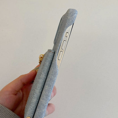 For iPhone 14 Pro Case Zipper Card Holder Kickstand Jeans Cloth Texture PU Leather Back Cover with Strap