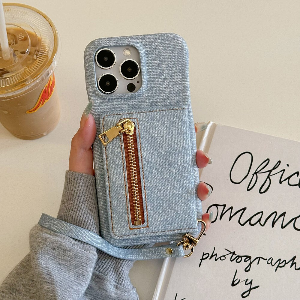 For iPhone 14 Pro Case Zipper Card Holder Kickstand Jeans Cloth Texture PU Leather Back Cover with Strap