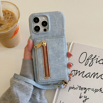 For iPhone 14 Pro Case Zipper Card Holder Kickstand Jeans Cloth Texture PU Leather Back Cover with Strap