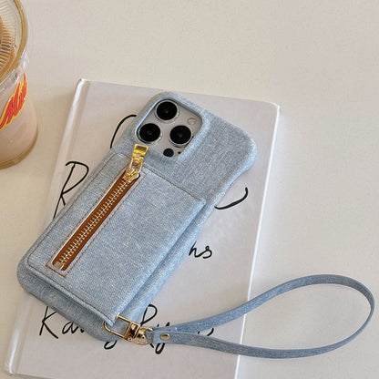 For iPhone 14 Pro Case Zipper Card Holder Kickstand Jeans Cloth Texture PU Leather Back Cover with Strap