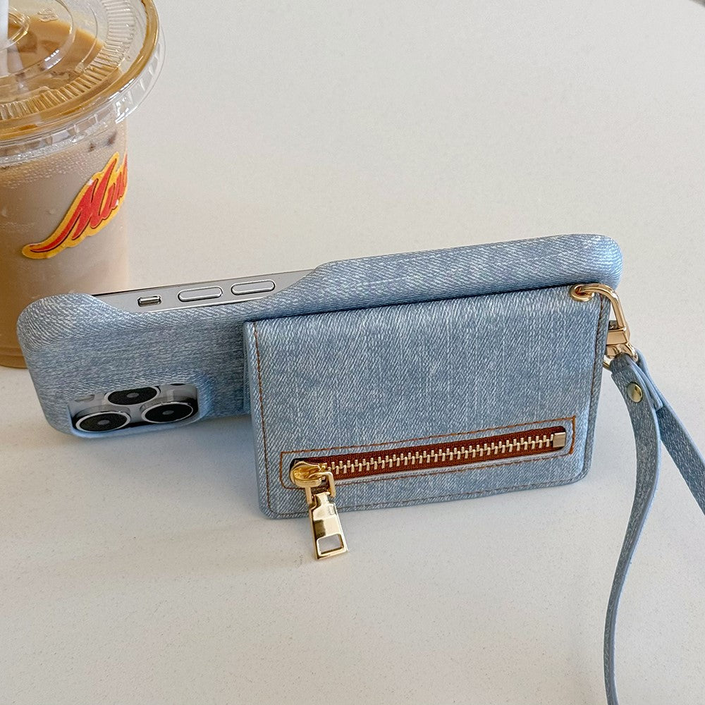 For iPhone 14 Pro Case Zipper Card Holder Kickstand Jeans Cloth Texture PU Leather Back Cover with Strap