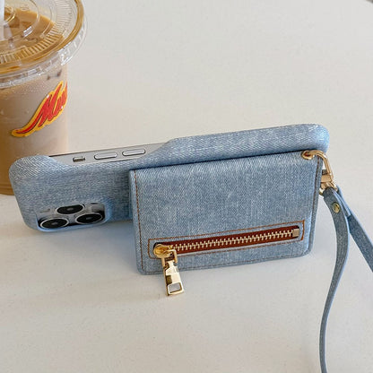 For iPhone 14 Pro Case Zipper Card Holder Kickstand Jeans Cloth Texture PU Leather Back Cover with Strap