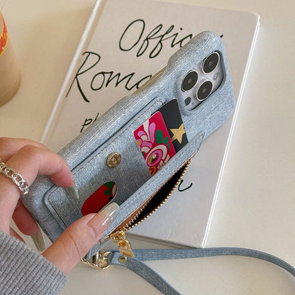 For iPhone 14 Pro Case Zipper Card Holder Kickstand Jeans Cloth Texture PU Leather Back Cover with Strap