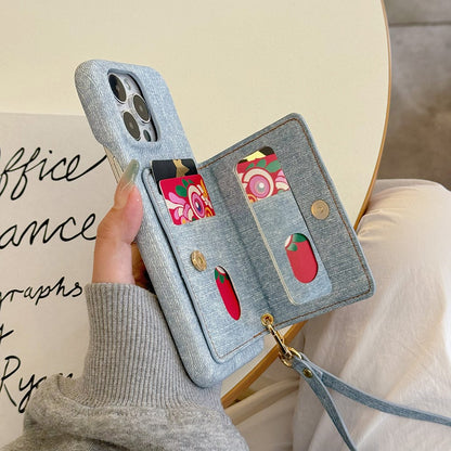 For iPhone 14 Pro Case Zipper Card Holder Kickstand Jeans Cloth Texture PU Leather Back Cover with Strap