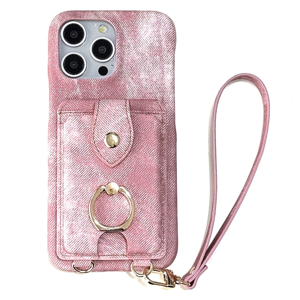 For iPhone 14 Pro Case Ring Kickstand Card Holder Jeans Cloth Texture PU Leather Back Cover with Strap