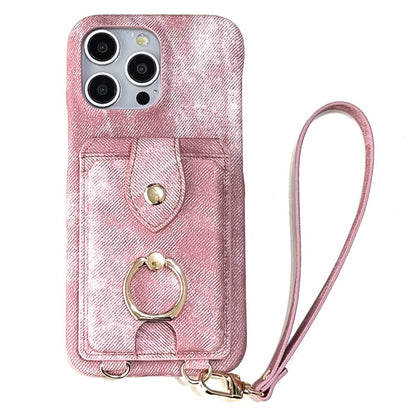 For iPhone 14 Pro Case Ring Kickstand Card Holder Jeans Cloth Texture PU Leather Back Cover with Strap