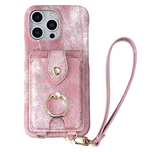 For iPhone 14 Pro Case Ring Kickstand Card Holder Jeans Cloth Texture PU Leather Back Cover with Strap