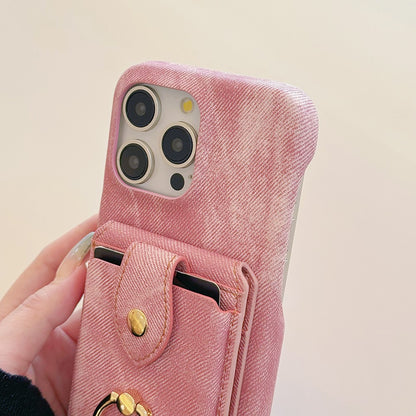 For iPhone 14 Pro Case Ring Kickstand Card Holder Jeans Cloth Texture PU Leather Back Cover with Strap