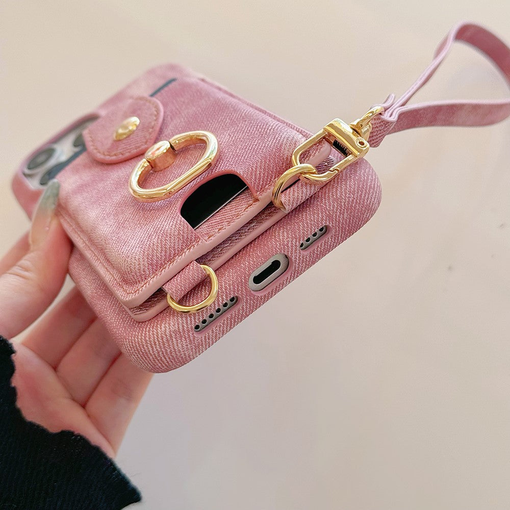For iPhone 14 Pro Case Ring Kickstand Card Holder Jeans Cloth Texture PU Leather Back Cover with Strap