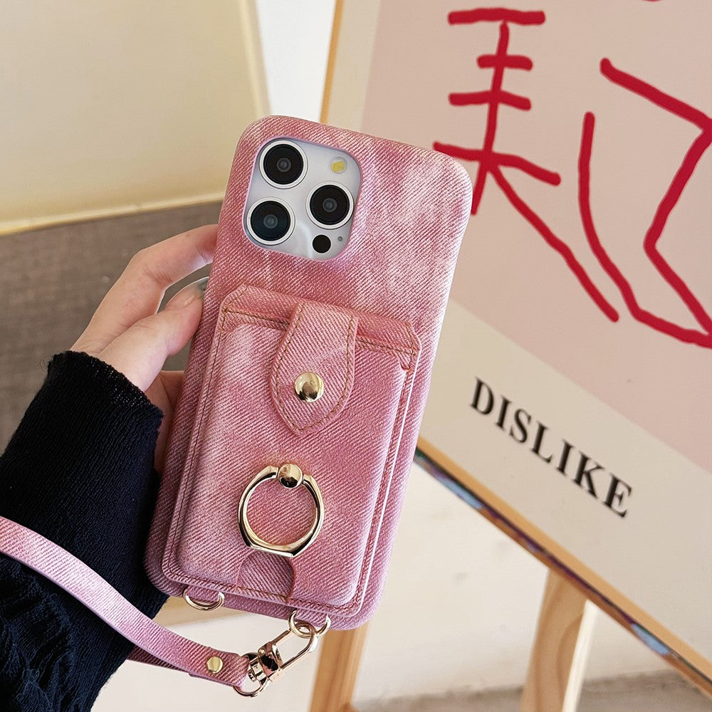 For iPhone 14 Pro Case Ring Kickstand Card Holder Jeans Cloth Texture PU Leather Back Cover with Strap