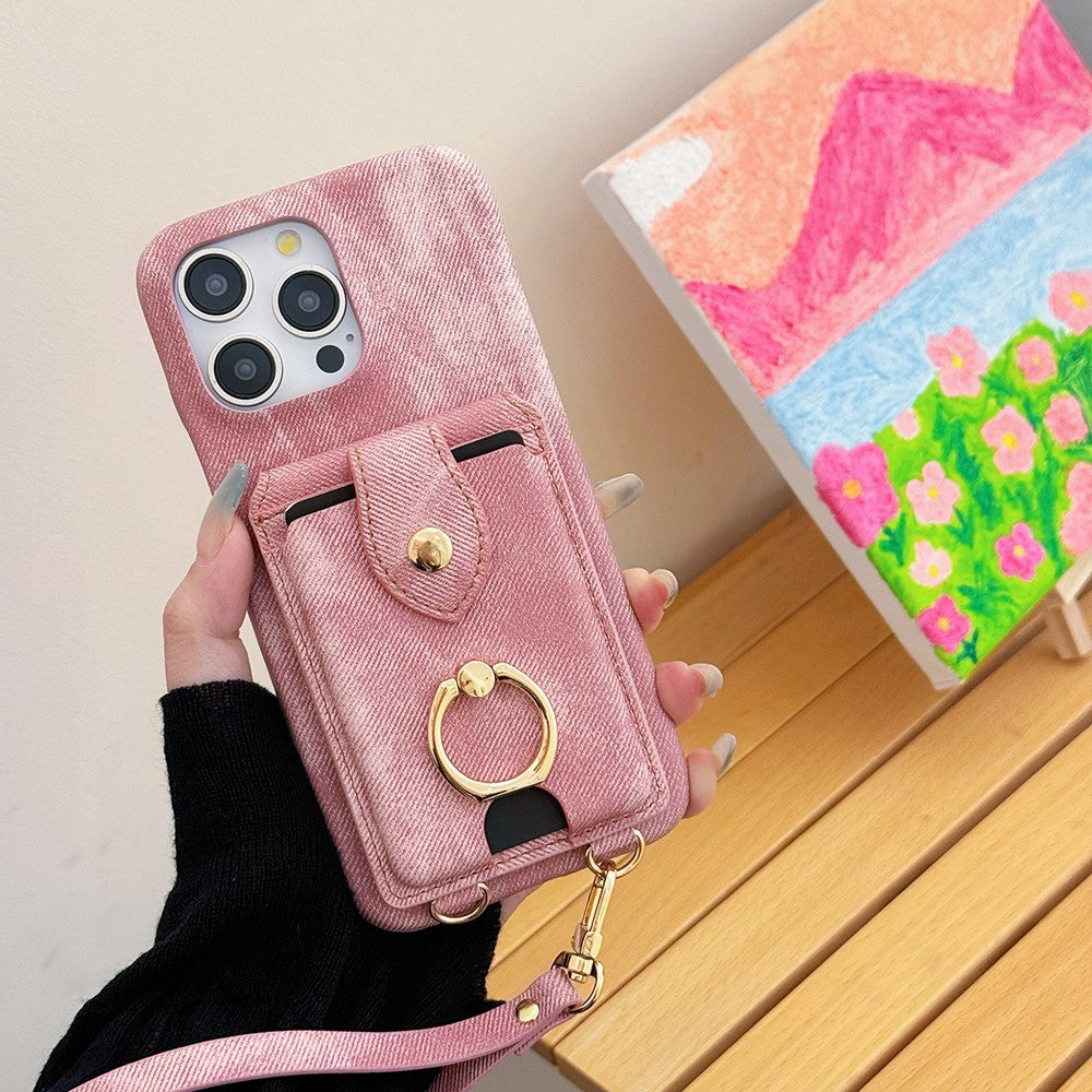 For iPhone 14 Pro Case Ring Kickstand Card Holder Jeans Cloth Texture PU Leather Back Cover with Strap