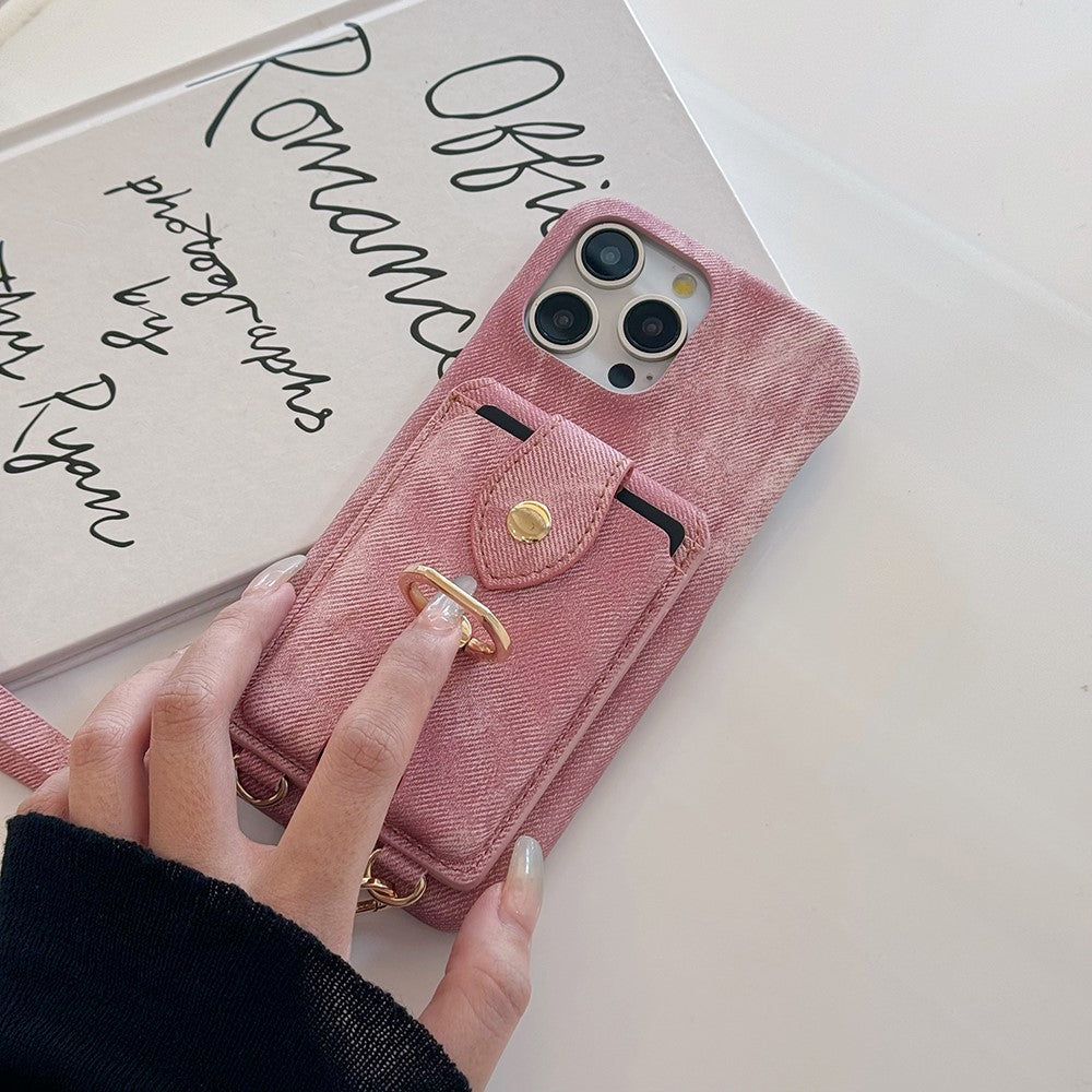 For iPhone 14 Pro Case Ring Kickstand Card Holder Jeans Cloth Texture PU Leather Back Cover with Strap
