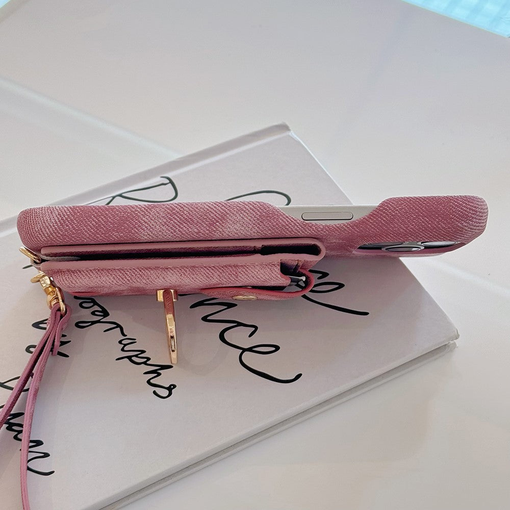 For iPhone 14 Pro Case Ring Kickstand Card Holder Jeans Cloth Texture PU Leather Back Cover with Strap