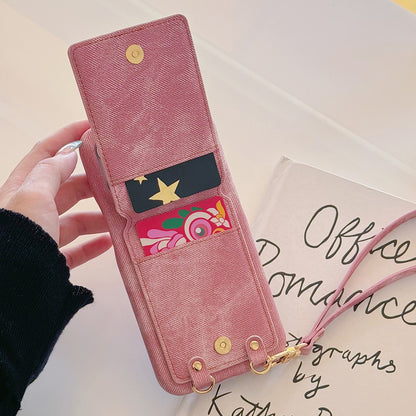 For iPhone 14 Pro Case Ring Kickstand Card Holder Jeans Cloth Texture PU Leather Back Cover with Strap