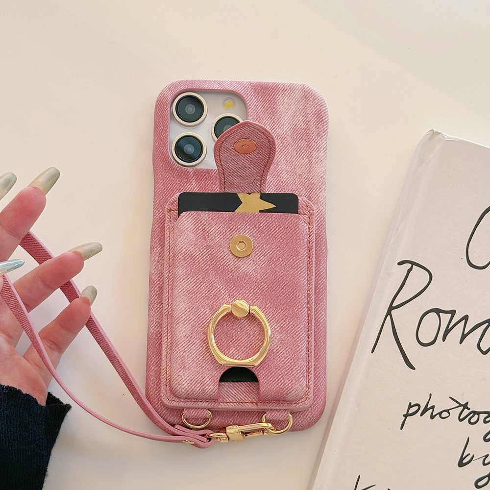 For iPhone 14 Pro Case Ring Kickstand Card Holder Jeans Cloth Texture PU Leather Back Cover with Strap